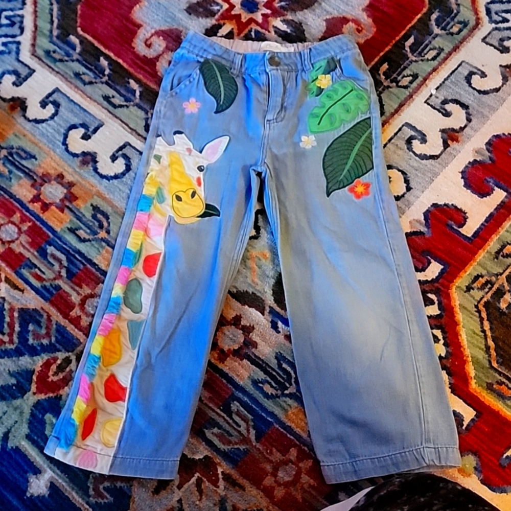 Mini Boden Appliqué Giraffe Pull-on Denim Pants in Mid Vintage Size 7Y